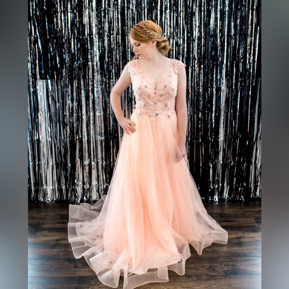 Peach floral lace and tulle gown- Dave and Johnny- size 10